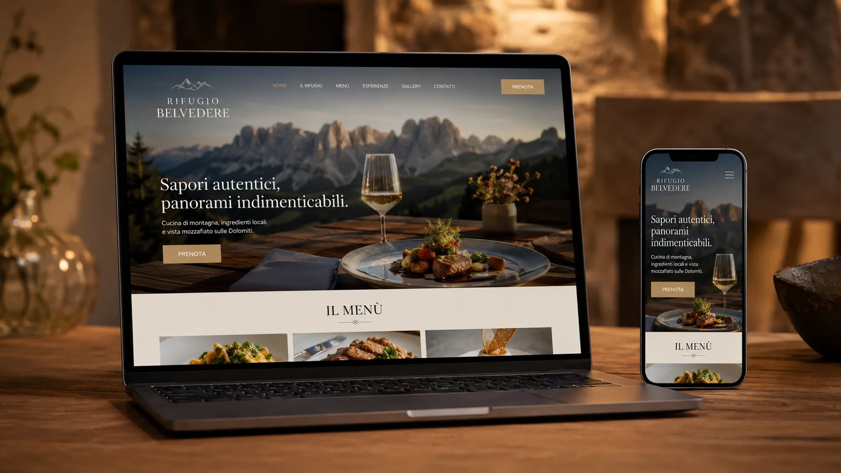 Sito web per ristorante mostrato su laptop e smartphone