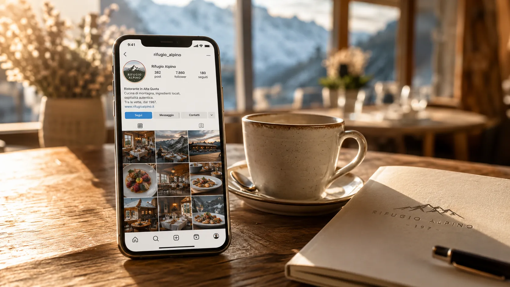 Smartphone con il feed Instagram di un ristorante di montagna
